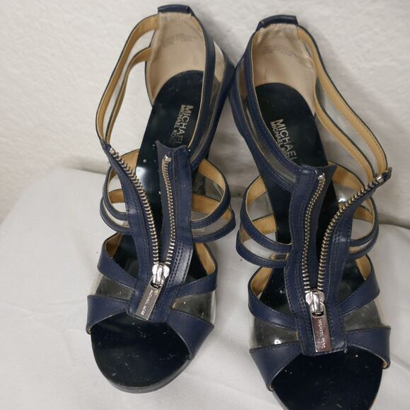 Michael Kors Navy Blue T Strap Sandal Heel Strappy Leather PVC 7M - Picture 12 of 12